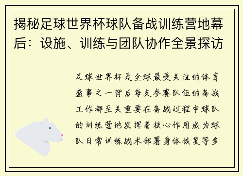 揭秘足球世界杯球队备战训练营地幕后：设施、训练与团队协作全景探访