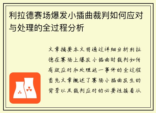 利拉德赛场爆发小插曲裁判如何应对与处理的全过程分析