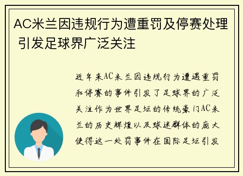AC米兰因违规行为遭重罚及停赛处理 引发足球界广泛关注