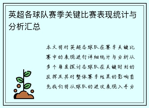 英超各球队赛季关键比赛表现统计与分析汇总