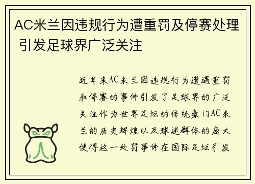 AC米兰因违规行为遭重罚及停赛处理 引发足球界广泛关注